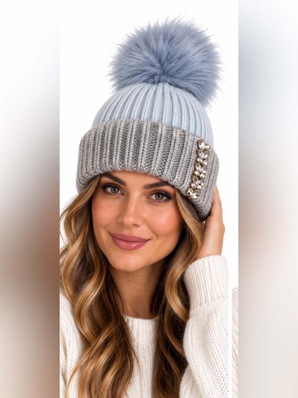 Colorblock Knit Pom Beanie in Light Blue, Gray and lilac- Brand